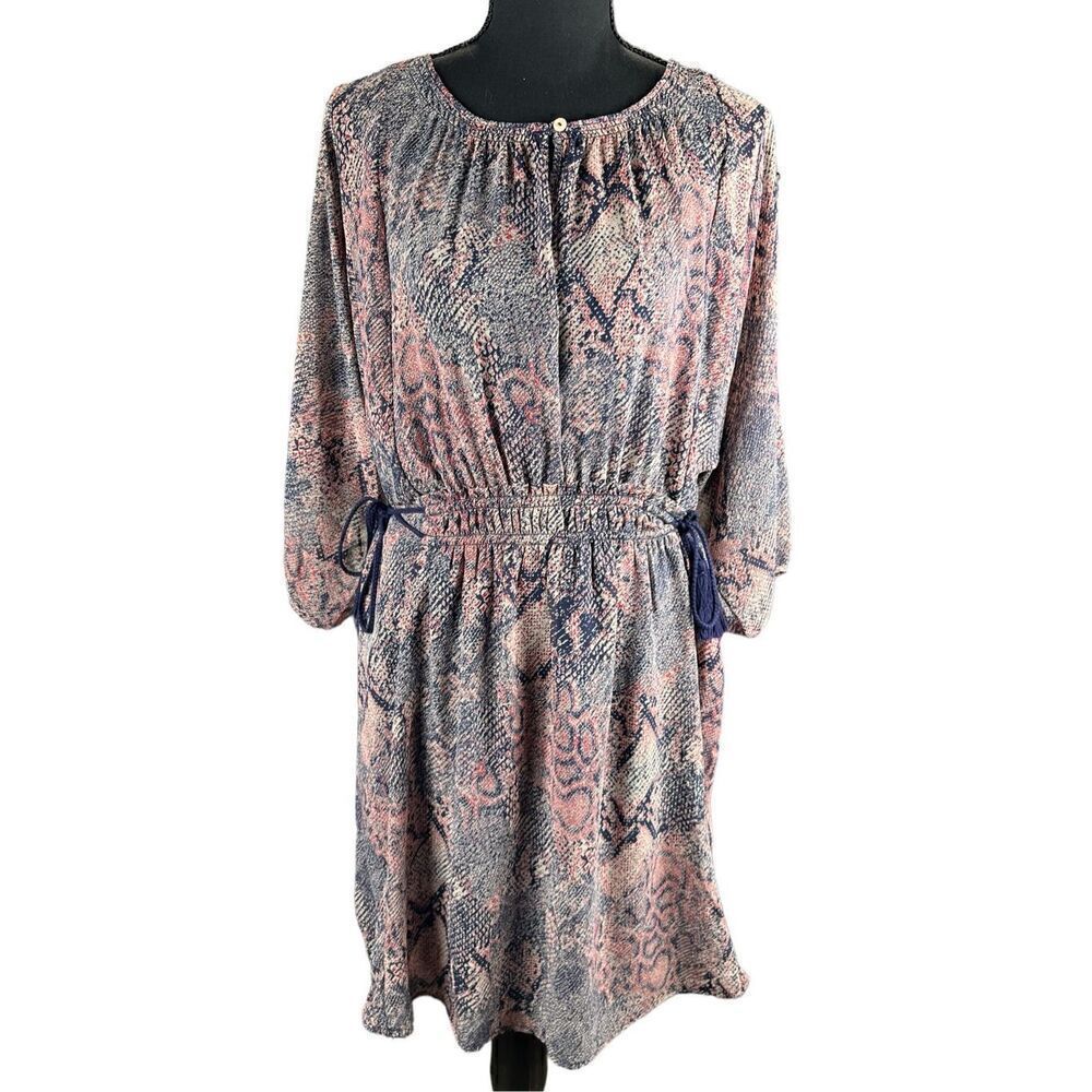 Anthropologie Floreat Dress Women M Blue boho Knee Length Tie Waist 3/4 Sleeve